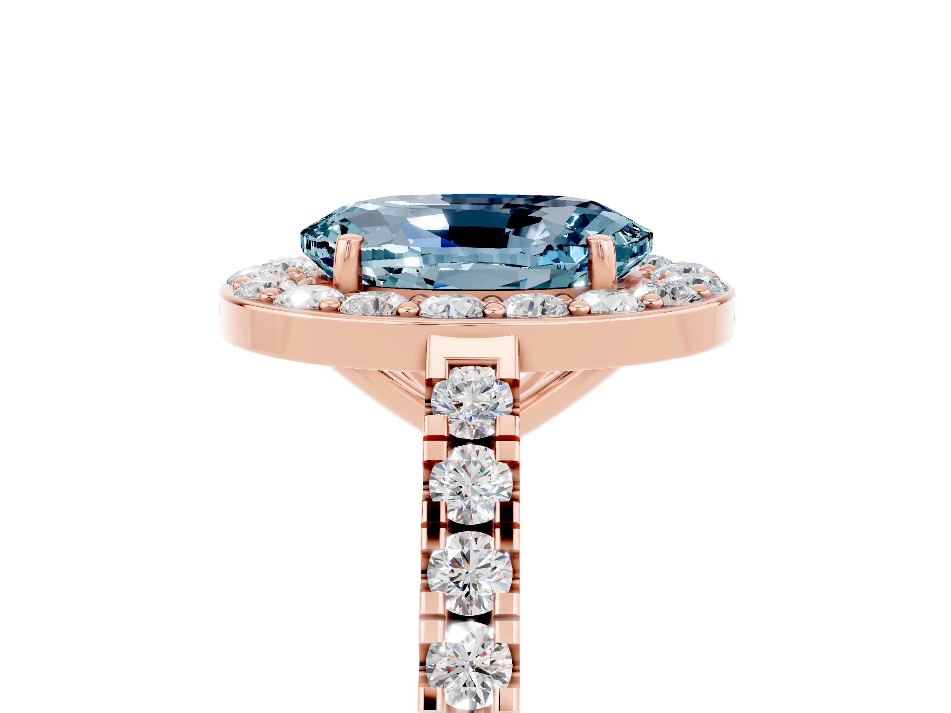 Rose gold Oval Cut Halo Diamond Ring with Pavé Band and Three-Prong Setting_5