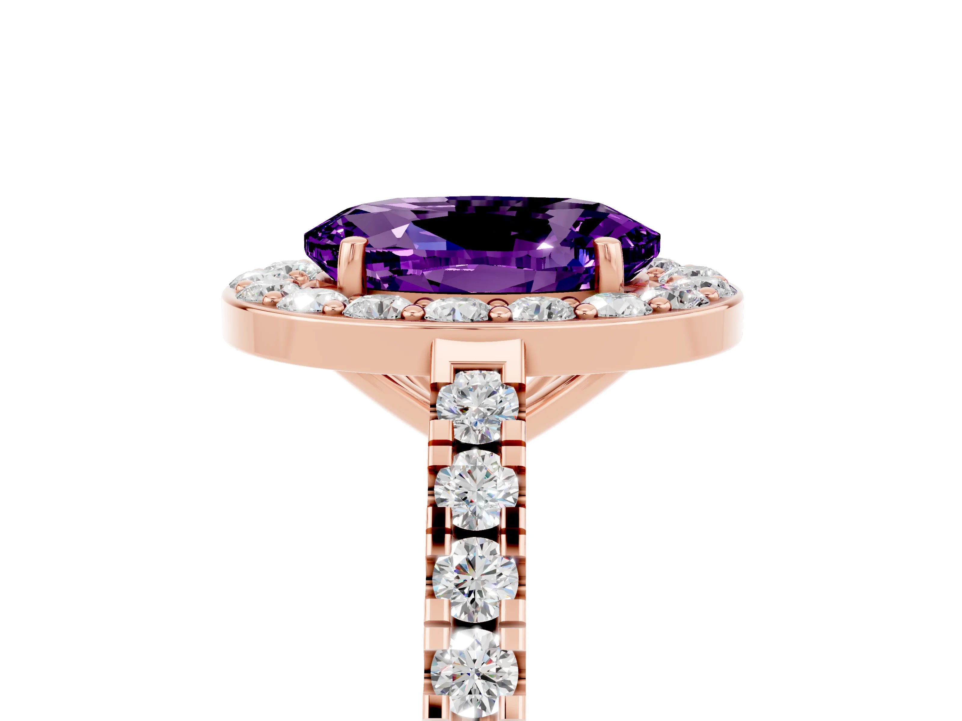 Rose gold Oval Cut Halo Diamond Ring with Pavé Band and Three-Prong Setting_5