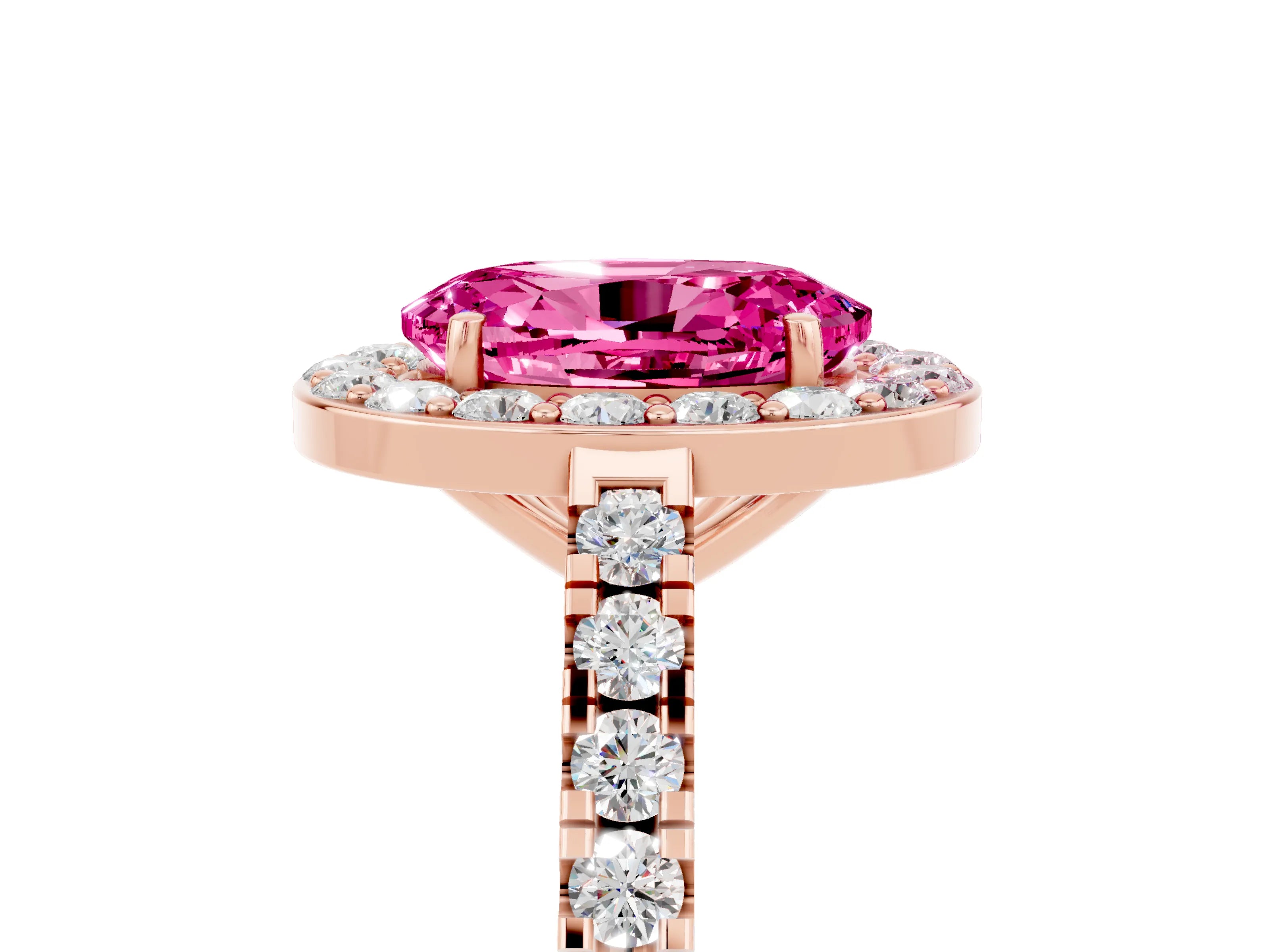 Rose gold Oval Cut Halo Diamond Ring with Pavé Band and Three-Prong Setting_5
