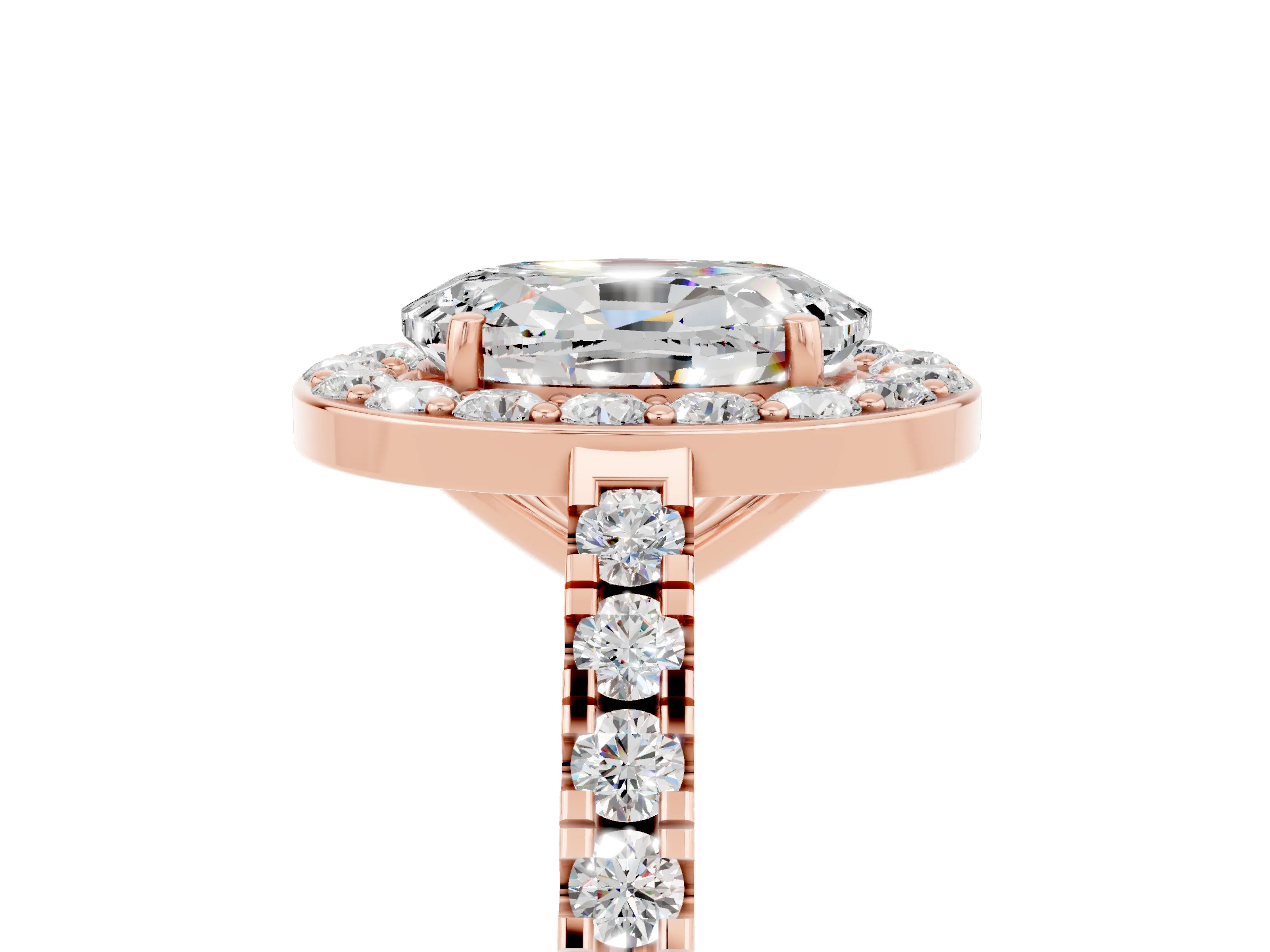 Rose gold Oval Cut Halo Diamond Ring with Pavé Band and Three-Prong Setting_5