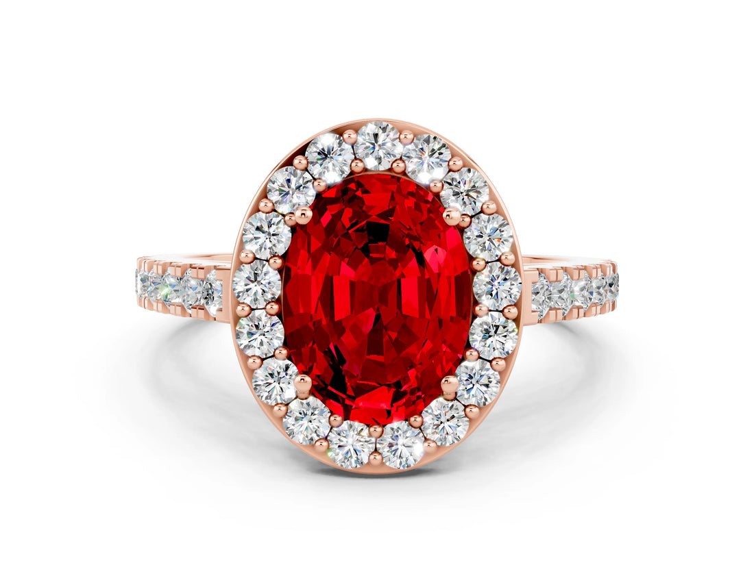 Rose gold Oval Cut Halo Diamond Ring with Pavé Band and Three-Prong Setting