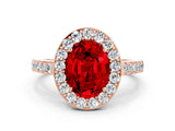 Rose gold Oval Cut Halo Diamond Ring with Pavé Band and Three-Prong Setting