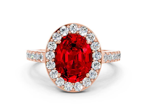 Rose gold Oval Cut Ruby Halo Ring with Round Pavé Split Shank and Prong Setting