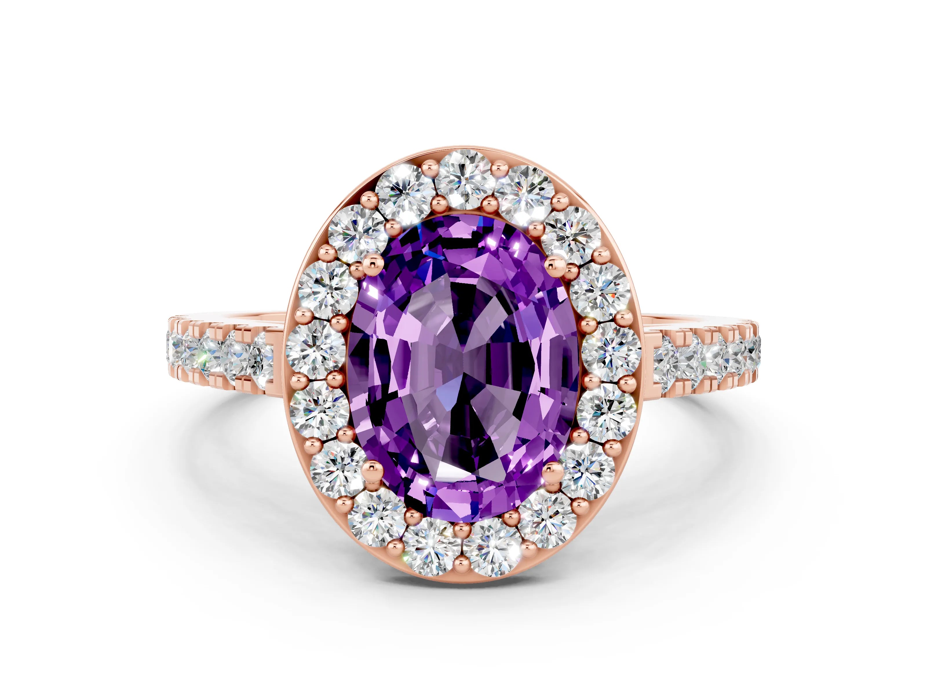 Rose gold Oval Cut Halo Diamond Ring with Pavé Band and Three-Prong Setting