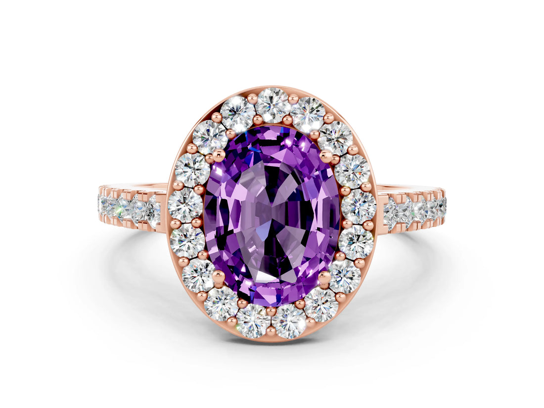 Rose gold Oval Cut Halo Diamond Ring with Pavé Band and Three-Prong Setting