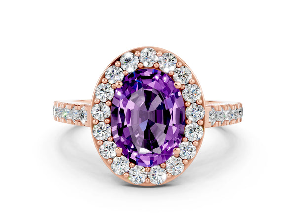 Rose gold Oval Cut Amethyst Halo Ring with Round Pavé Split Shank and Prong Setting