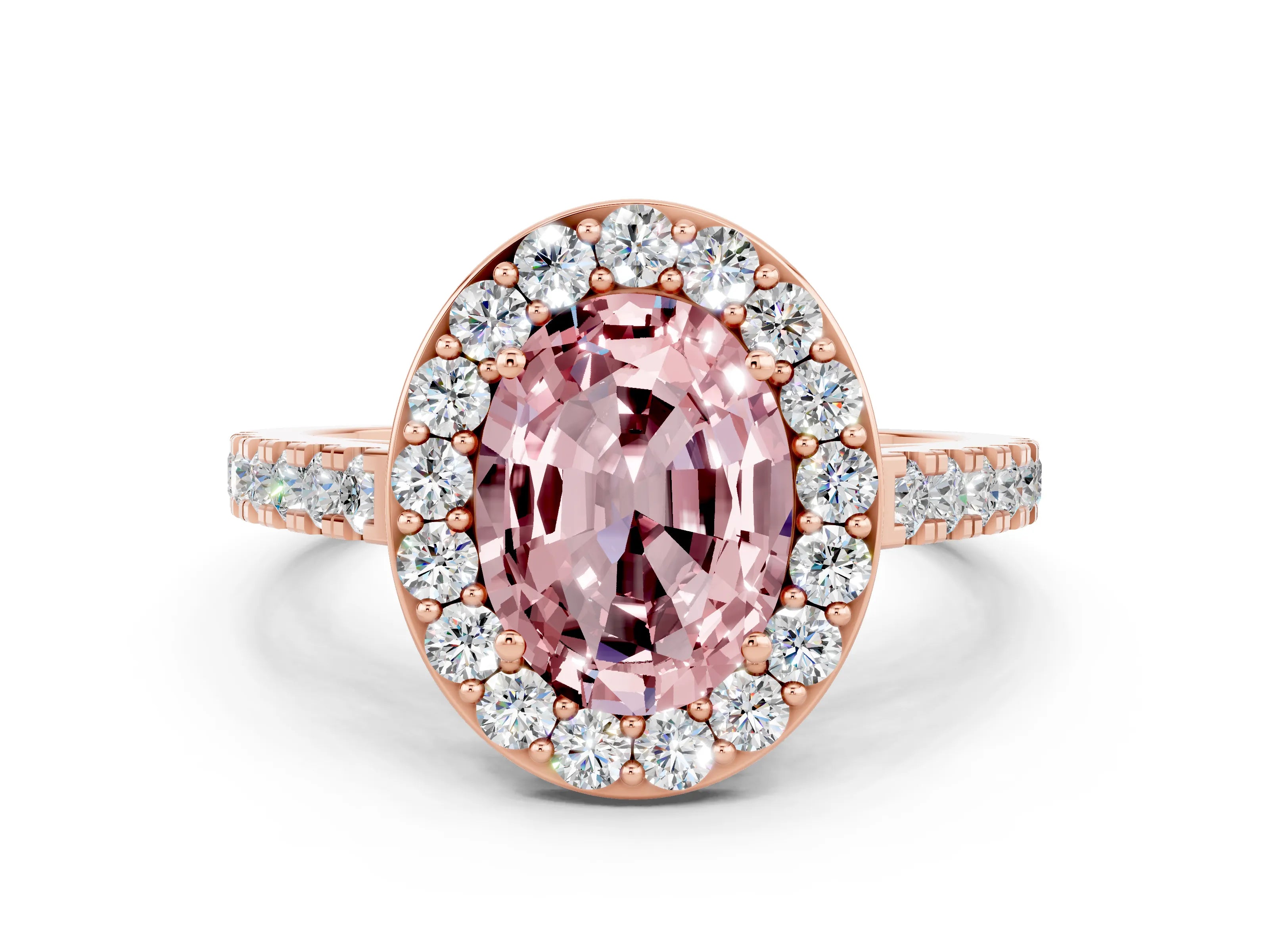Rose gold Oval Cut Halo Diamond Ring with Pavé Band and Three-Prong Setting