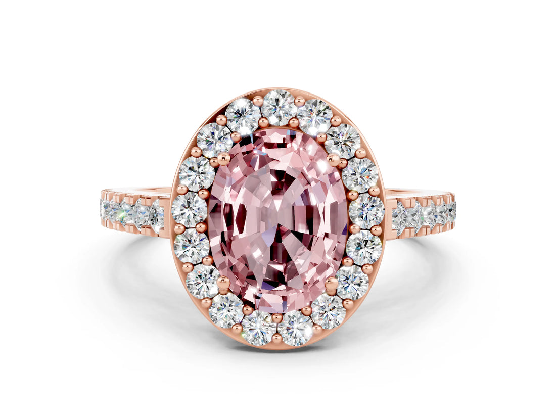 Rose gold Oval Cut Halo Diamond Ring with Pavé Band and Three-Prong Setting