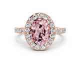 Rose gold Oval Cut Halo Diamond Ring with Pavé Band and Three-Prong Setting