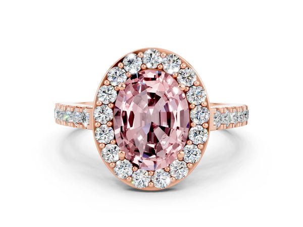 Rose gold Oval Cut Halo Diamond Ring with Pavé Band and Three-Prong Setting
