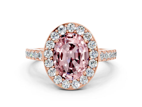 Rose gold Oval Cut Halo Diamond Ring with Pavé Band and Three-Prong Setting