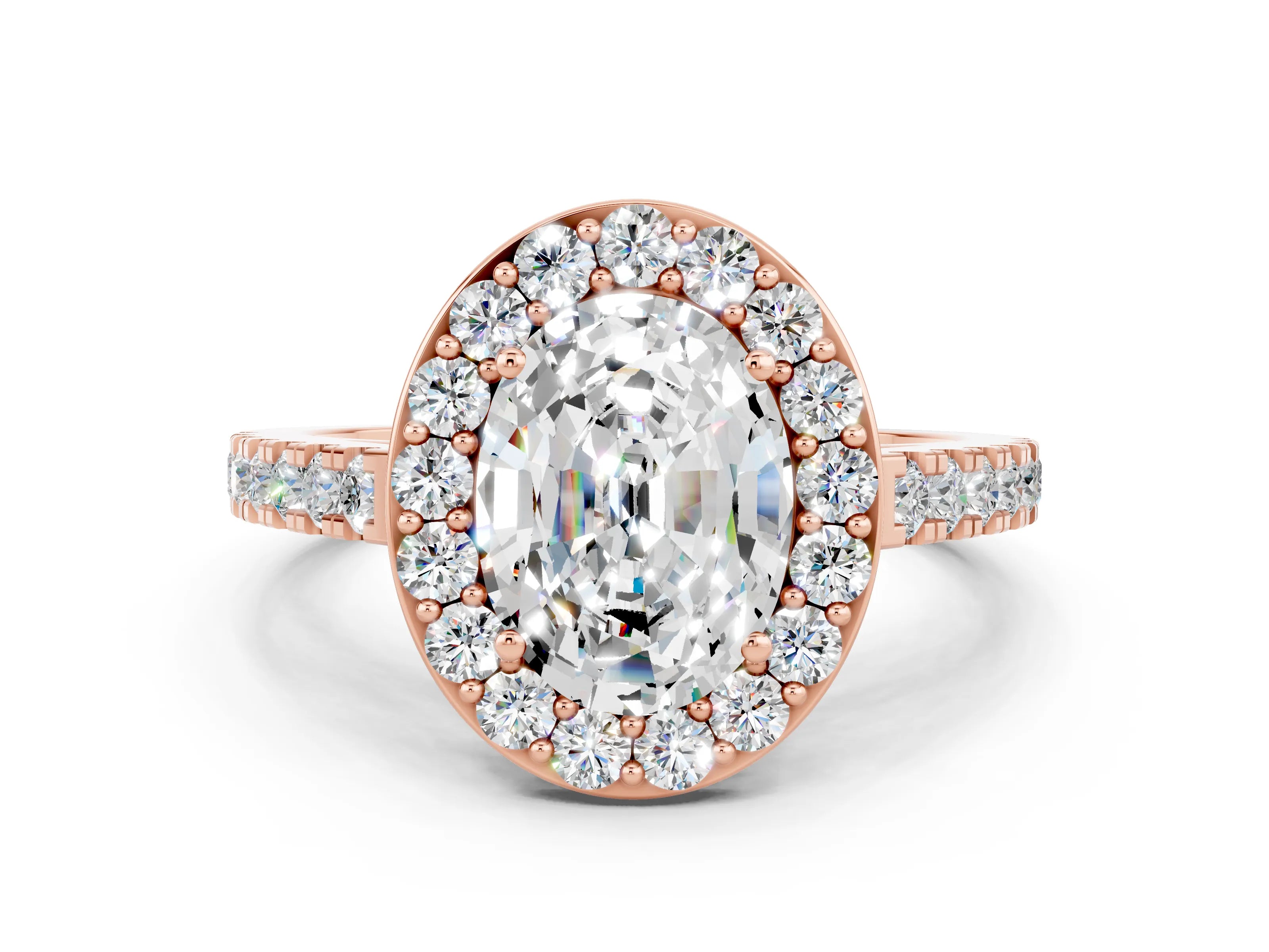 Rose gold Oval Cut Halo Diamond Ring with Pavé Band and Three-Prong Setting