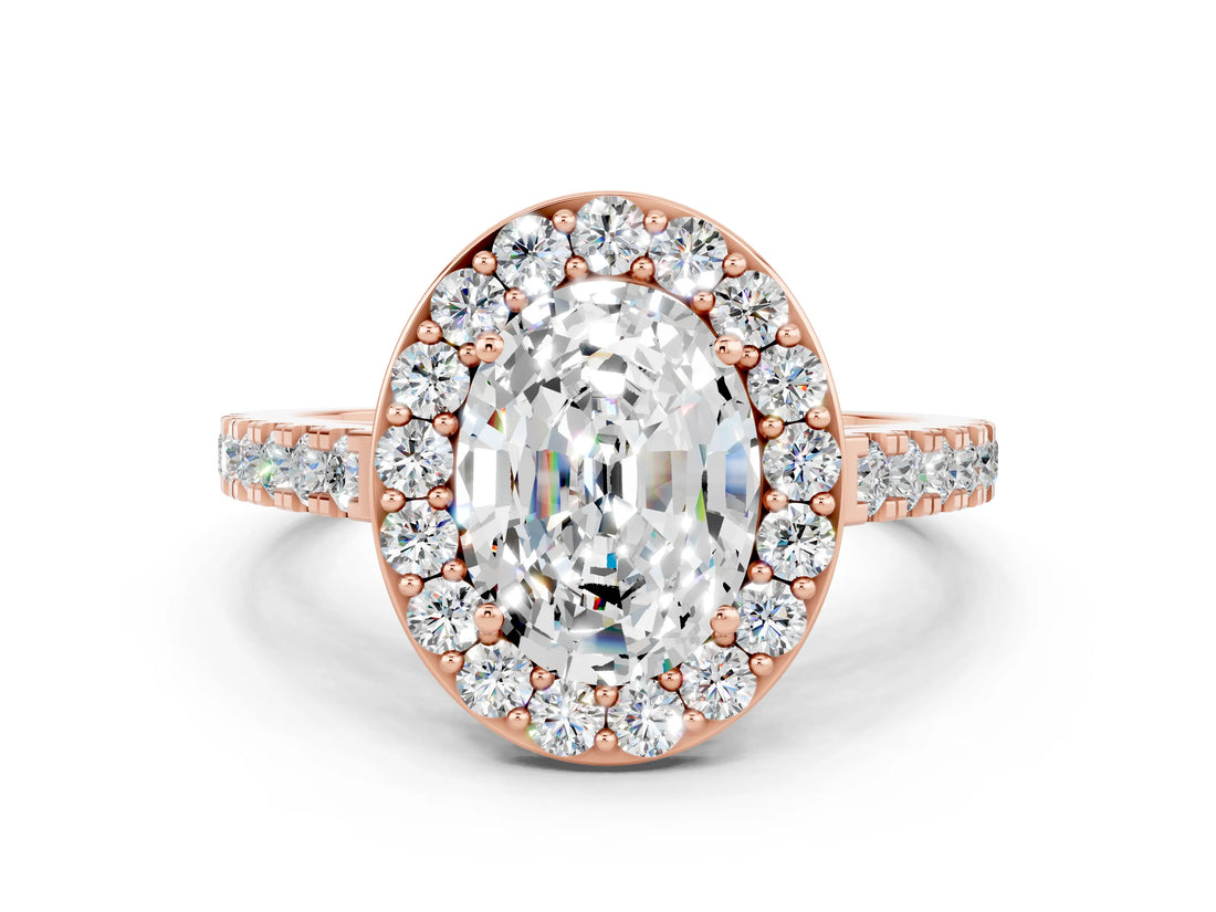 Rose gold Oval Cut Halo Diamond Ring with Pavé Band and Three-Prong Setting
