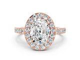 Rose gold Oval Cut Halo Diamond Ring with Pavé Band and Three-Prong Setting