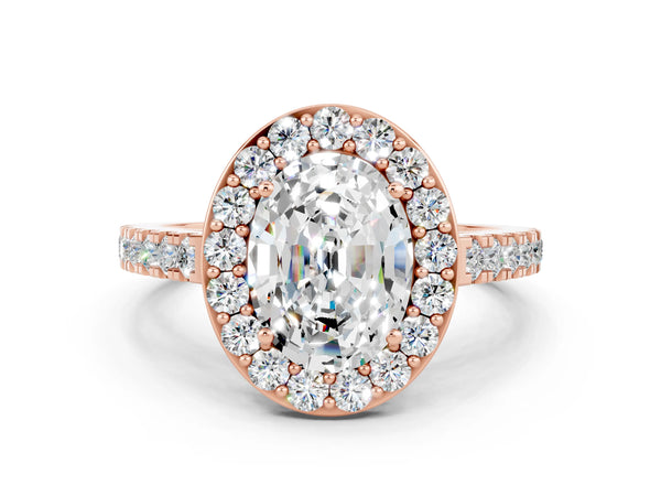 Rose gold Oval Cut Moissanite Halo Ring with Round Pavé Split Shank and Prong Setting