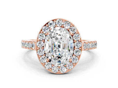 Rose gold Oval Cut Halo Diamond Ring with Pavé Band and Three-Prong Setting