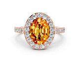 Rose gold Oval Cut Halo Diamond Ring with Pavé Band and Three-Prong Setting