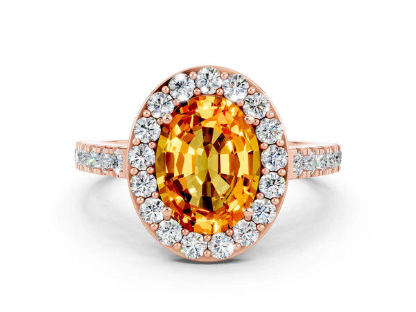 Rose gold Oval Cut Citrine Halo Ring with Round Pavé Split Shank and Prong Setting