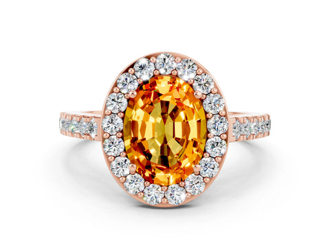 Rose gold Oval Cut Halo Diamond Ring with Pavé Band and Three-Prong Setting