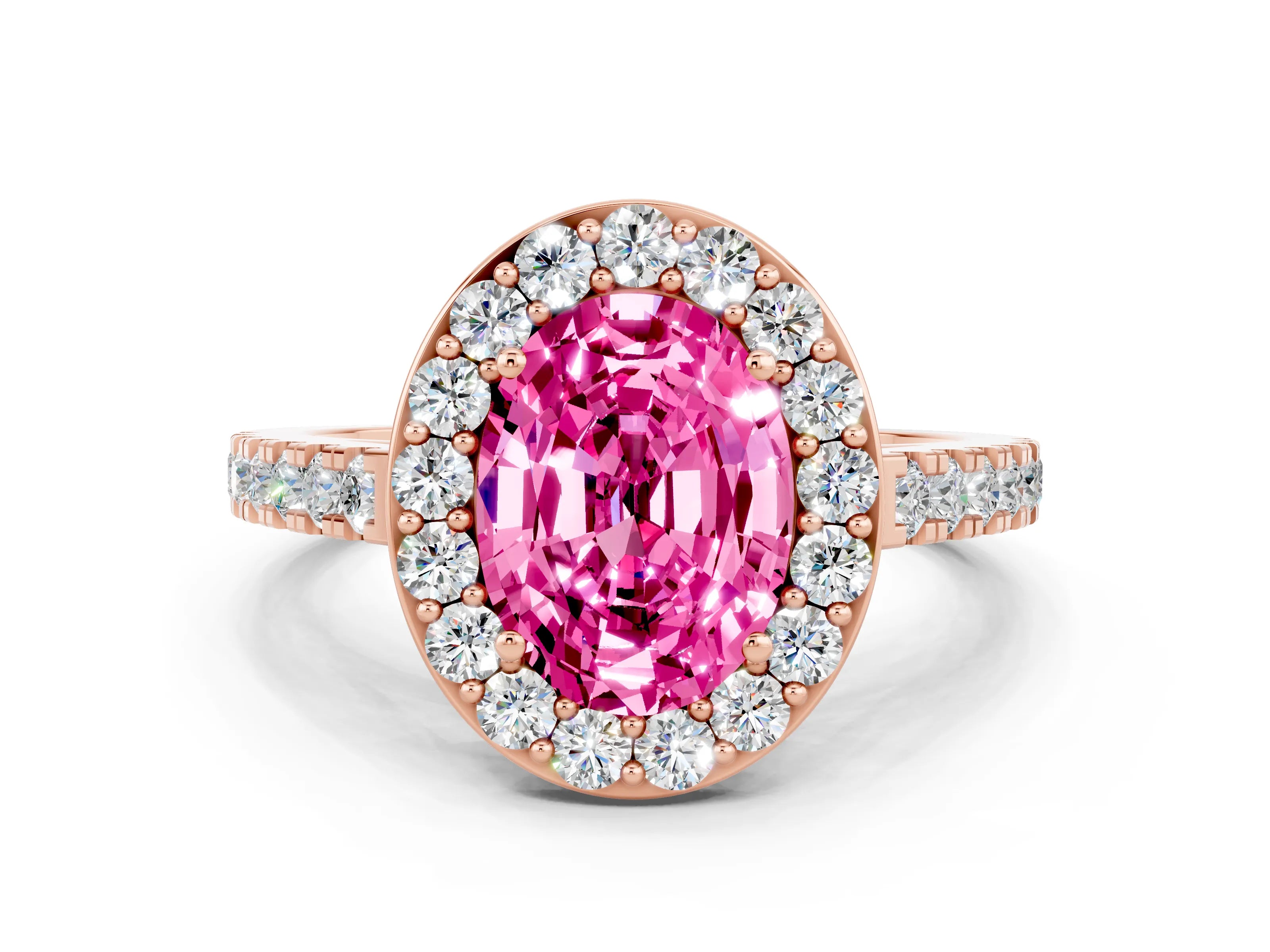 Rose gold Oval Cut Halo Diamond Ring with Pavé Band and Three-Prong Setting