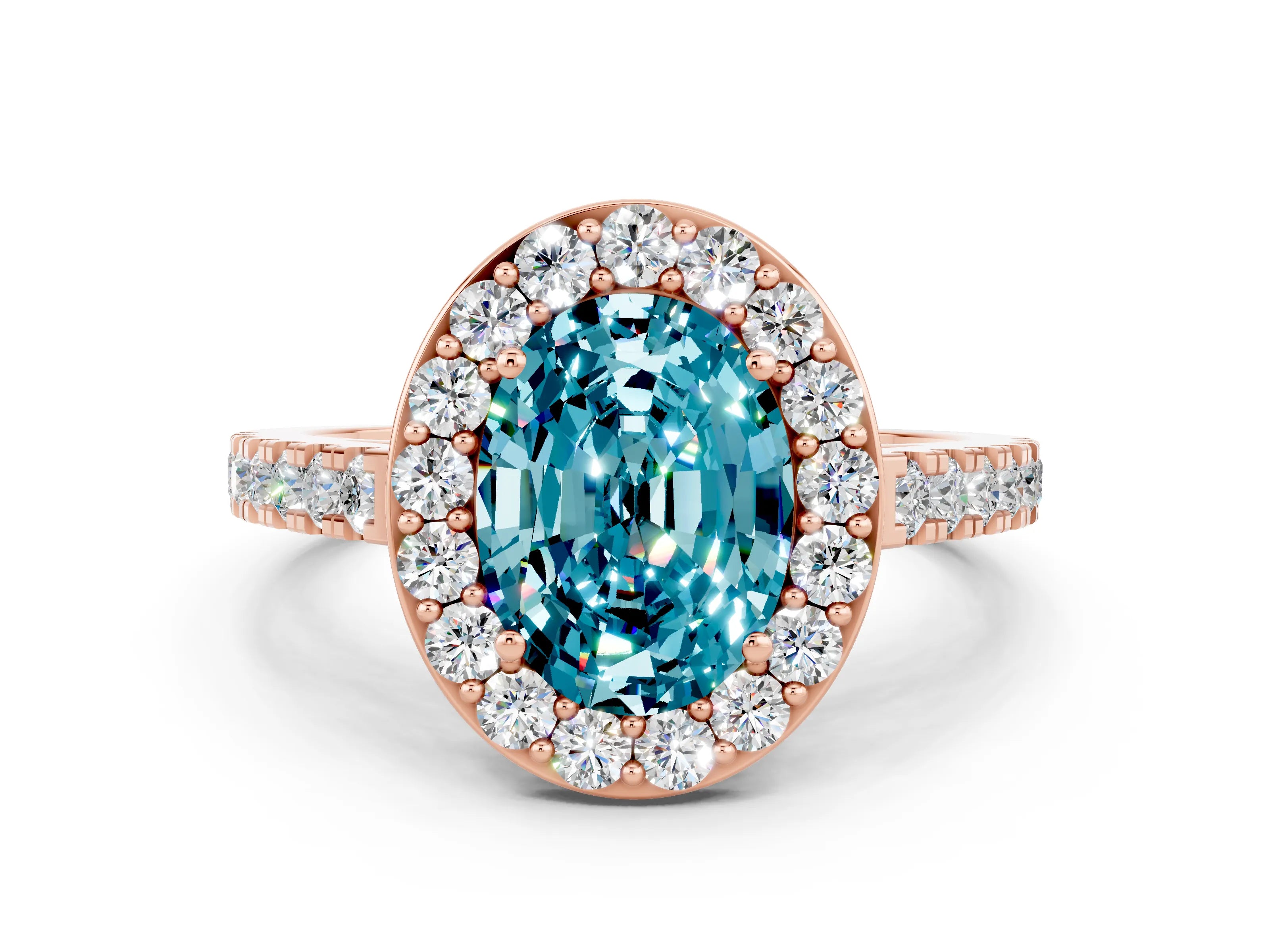 Rose gold Oval Cut Halo Diamond Ring with Pavé Band and Three-Prong Setting