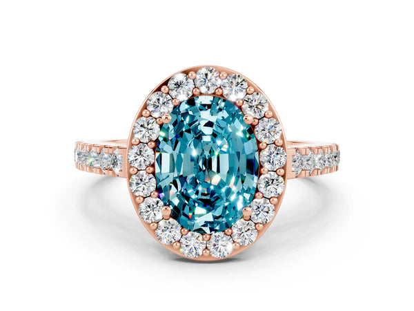 Rose gold Oval Cut Halo Diamond Ring with Pavé Band and Three-Prong Setting