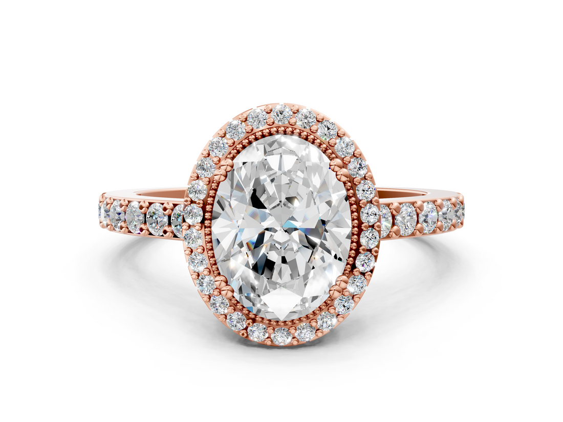 Rose gold Oval Cut Halo Diamond Ring with Pave Band and Four-Prong Setting_37