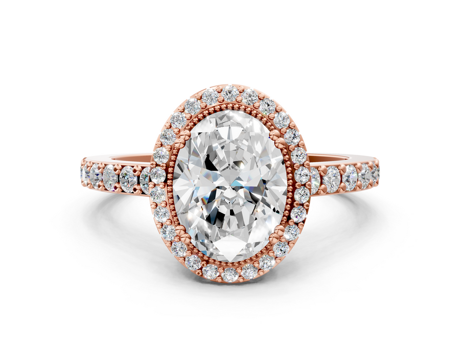Rose gold Oval Cut Diamond Halo Engagement Ring with Milgrain Detail and Pavé Band