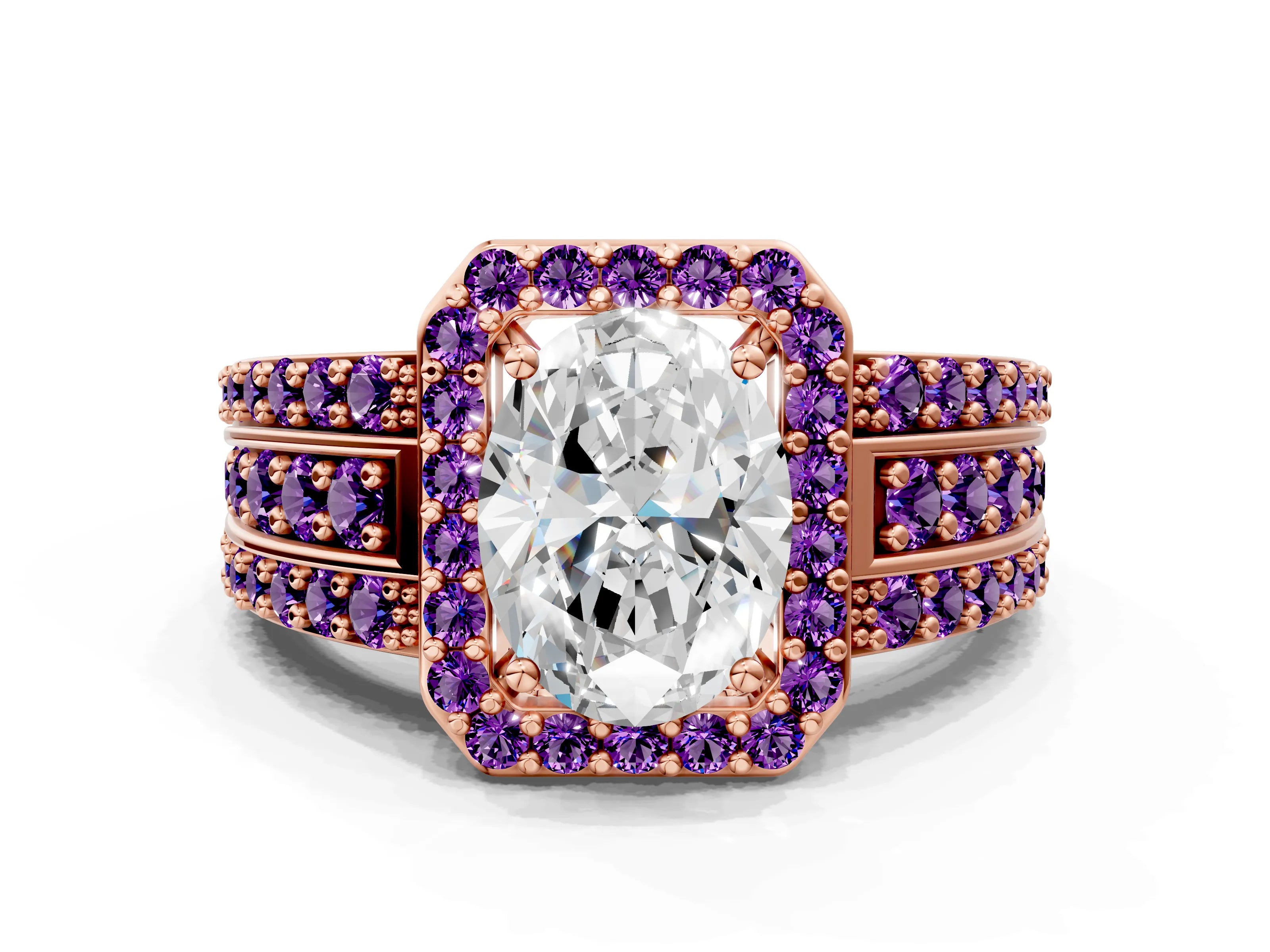 Rose gold Oval Cut Halo Diamond Ring with Round with Amethyst side stone Split Shank and Prong Setting