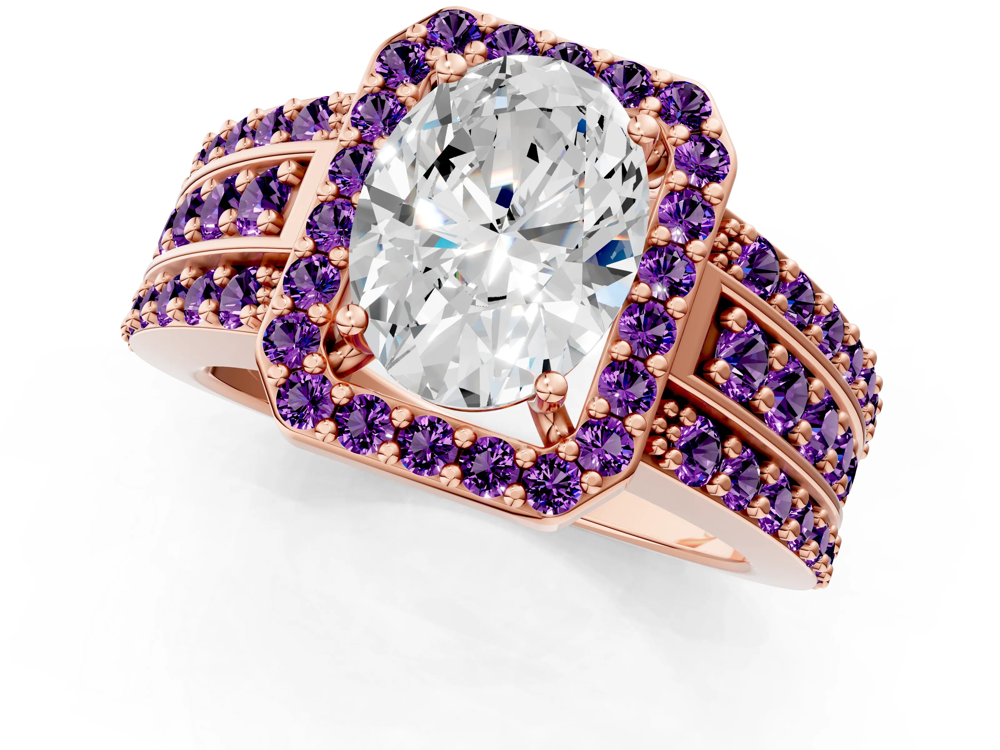 Rose gold Oval Cut Halo Diamond Ring with Round with Amethyst side stone Split Shank and Prong Setting_1