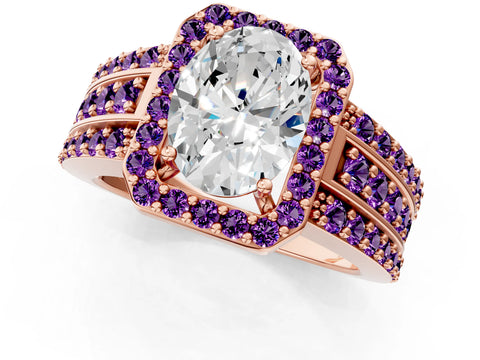 Rose gold Oval Cut Halo Diamond Ring with Round with Amethyst side stone Split Shank and Prong Setting_1