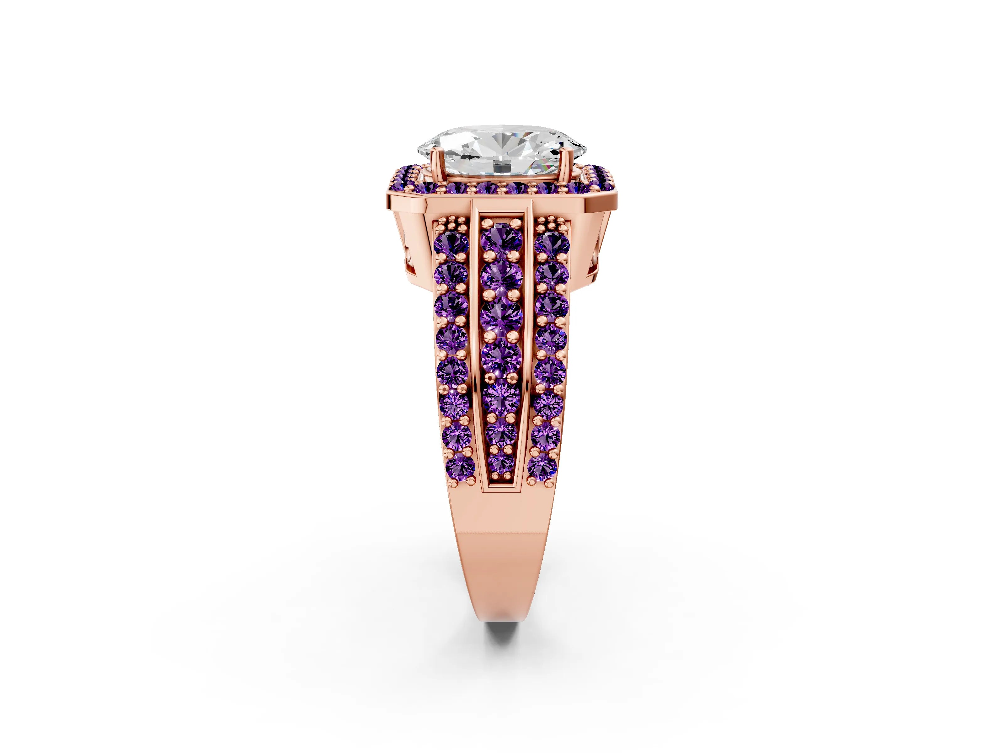Rose gold Oval Cut Halo Diamond Ring with Round with Amethyst side stone Split Shank and Prong Setting_2