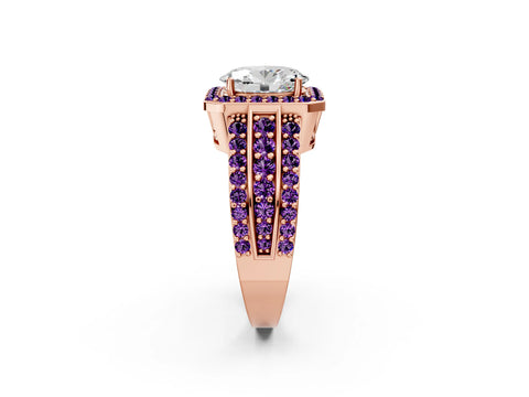 Rose gold Oval Cut Halo Diamond Ring with Round with Amethyst side stone Split Shank and Prong Setting_2