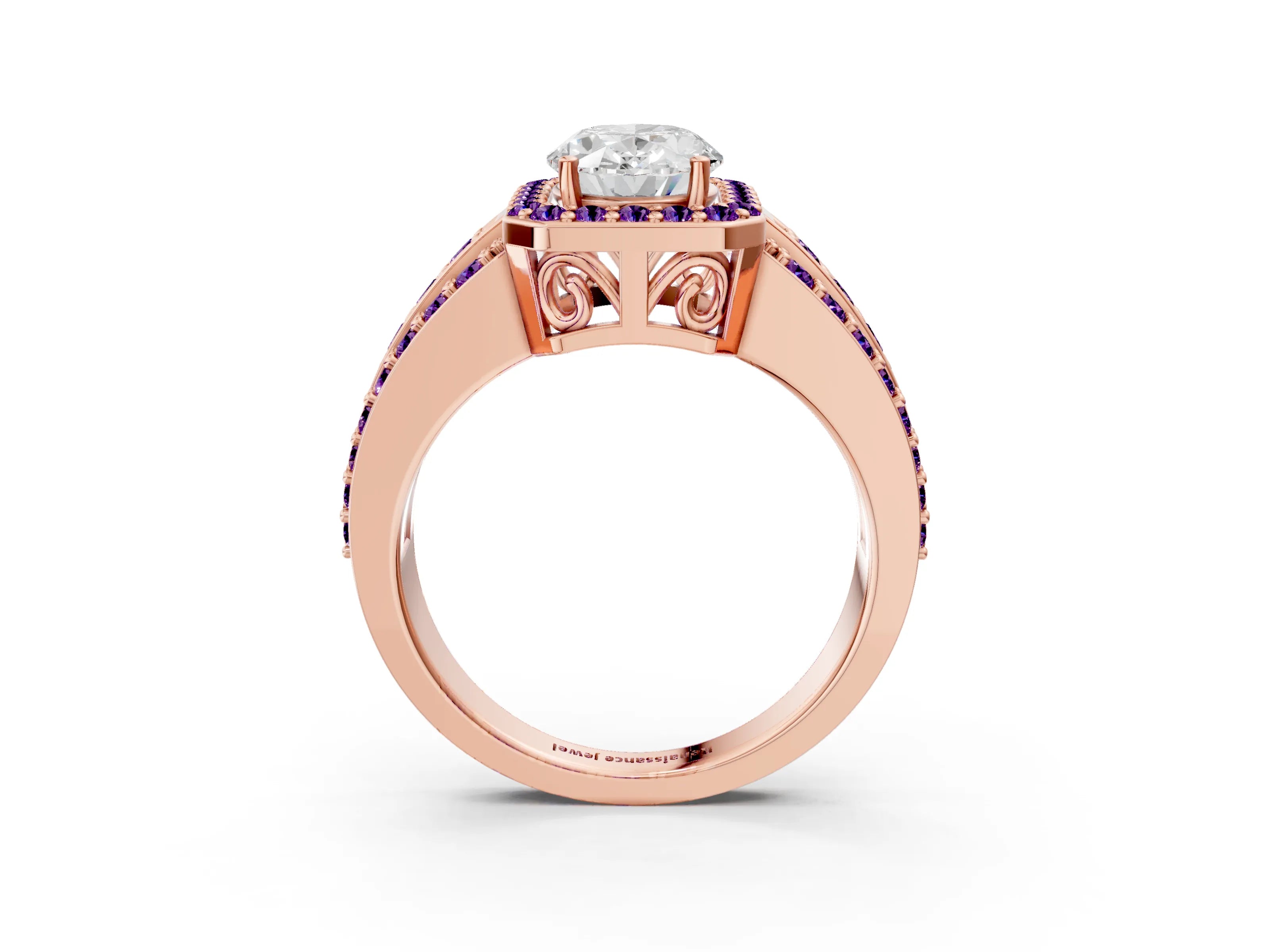 Rose gold Oval Cut Halo Diamond Ring with Round with Amethyst side stone Split Shank and Prong Setting_3