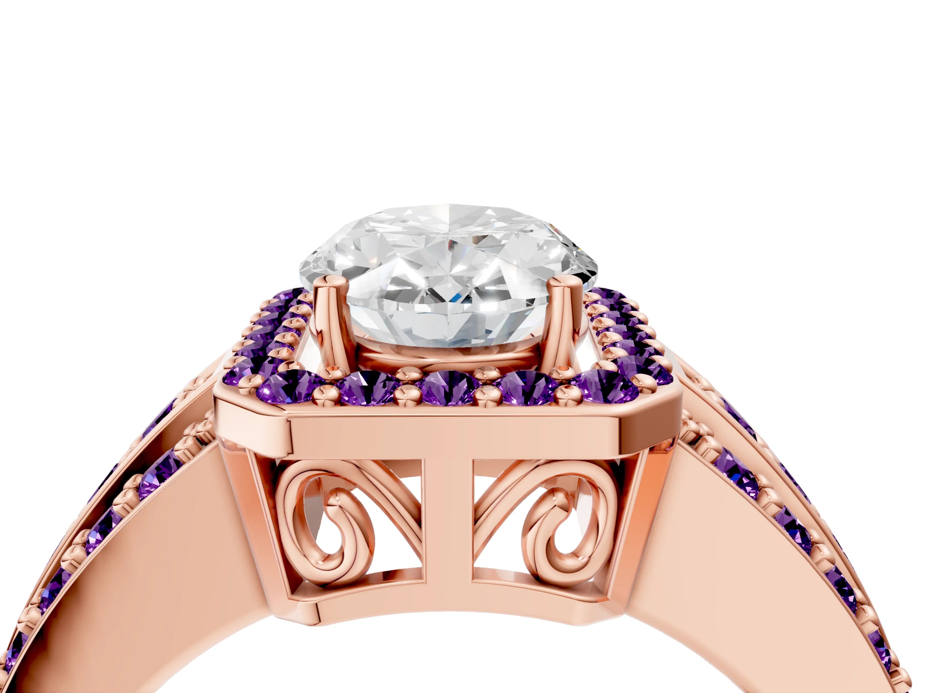 Rose gold Oval Cut Halo Diamond Ring with Round with Amethyst side stone Split Shank and Prong Setting_4