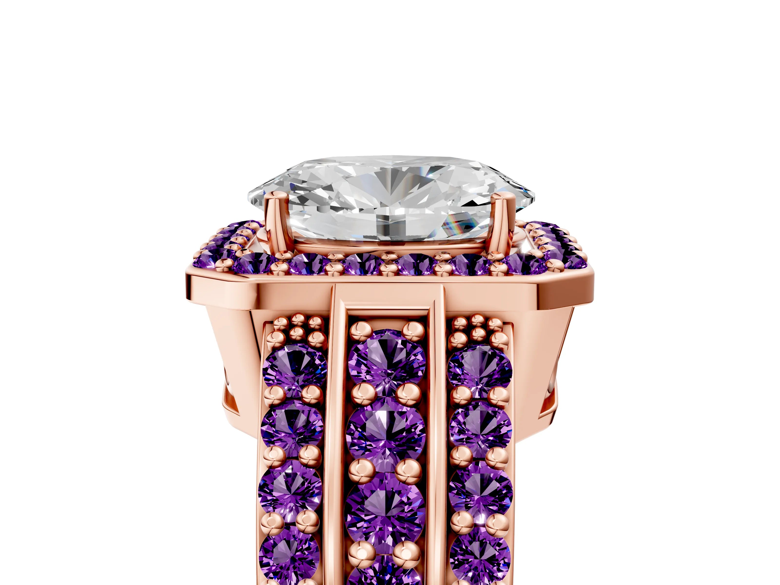 Rose gold Oval Cut Halo Diamond Ring with Round with Amethyst side stone Split Shank and Prong Setting_5