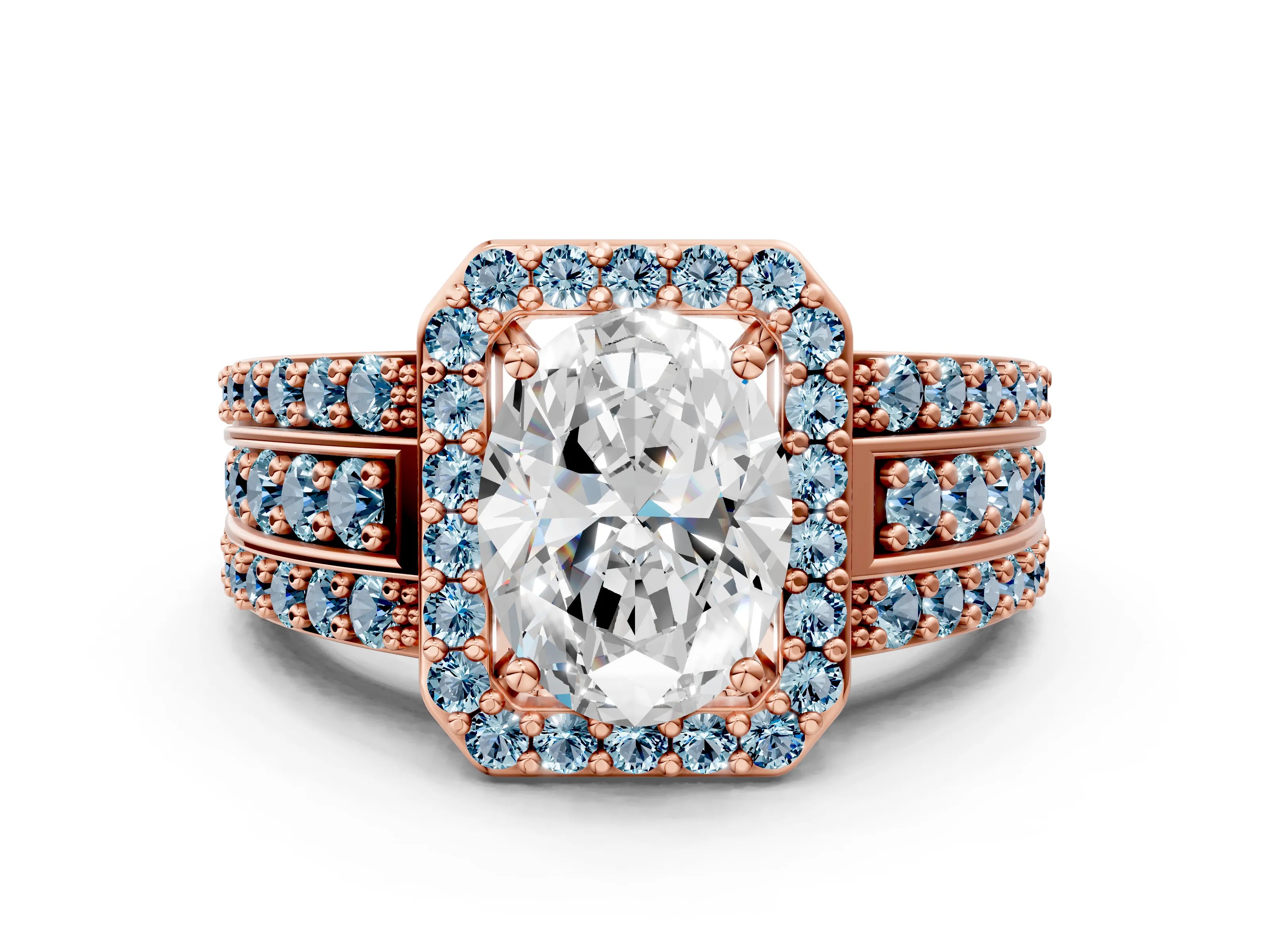 Rose gold Oval Cut Halo Diamond Ring with Round with Aquamarine side stone Split Shank and Prong Setting