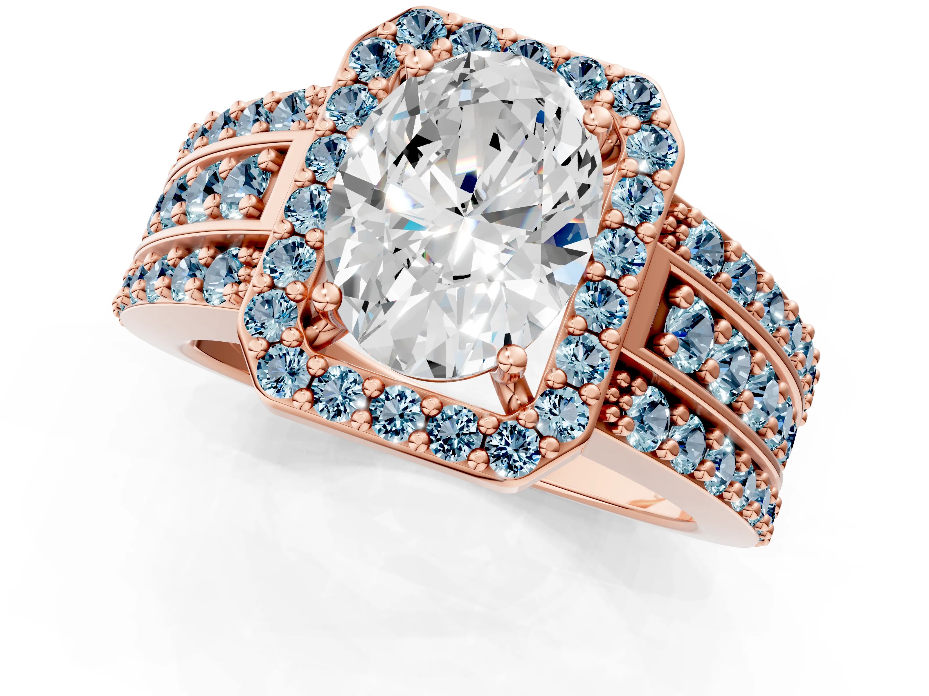 Rose gold Oval Cut Halo Diamond Ring with Round with Aquamarine side stone Split Shank and Prong Setting_1