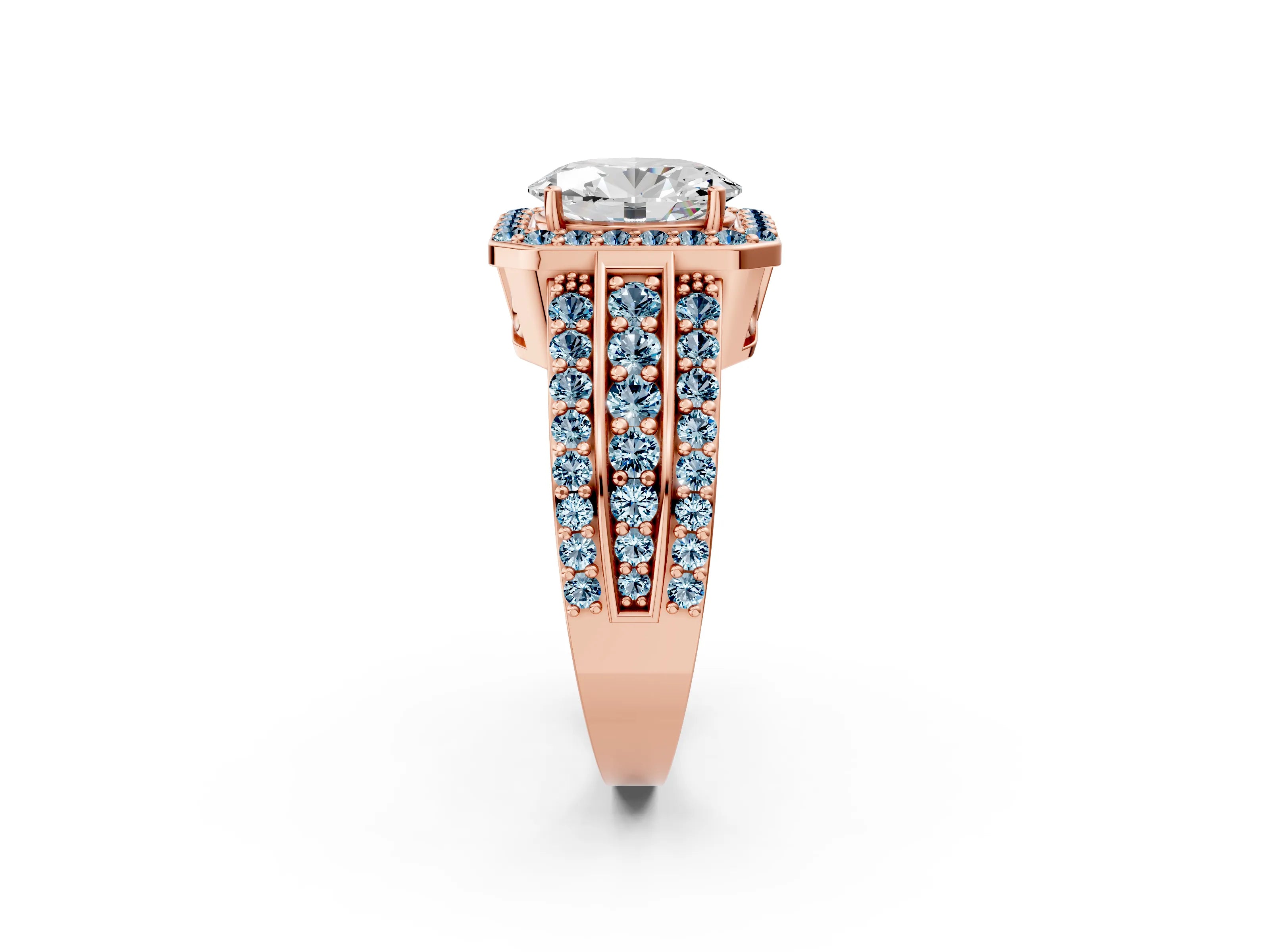 Rose gold Oval Cut Halo Diamond Ring with Round with Aquamarine side stone Split Shank and Prong Setting_2