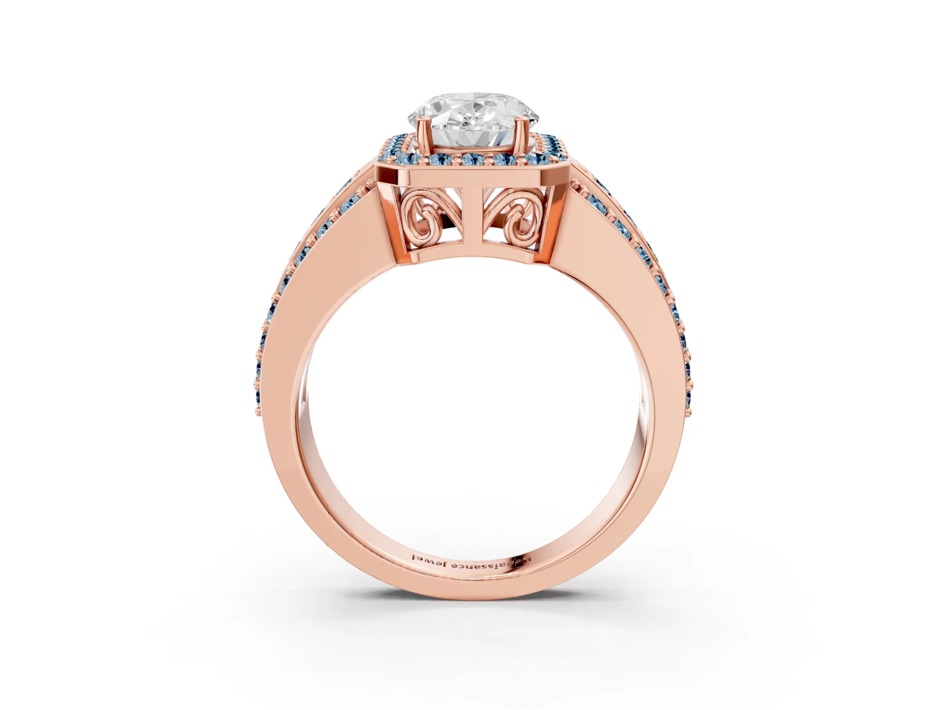 Rose gold Oval Cut Halo Diamond Ring with Round with Aquamarine side stone Split Shank and Prong Setting_3