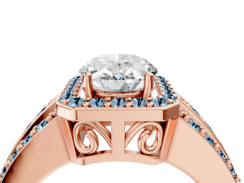 Rose gold Oval Cut Halo Diamond Ring with Round with Aquamarine side stone Split Shank and Prong Setting_4