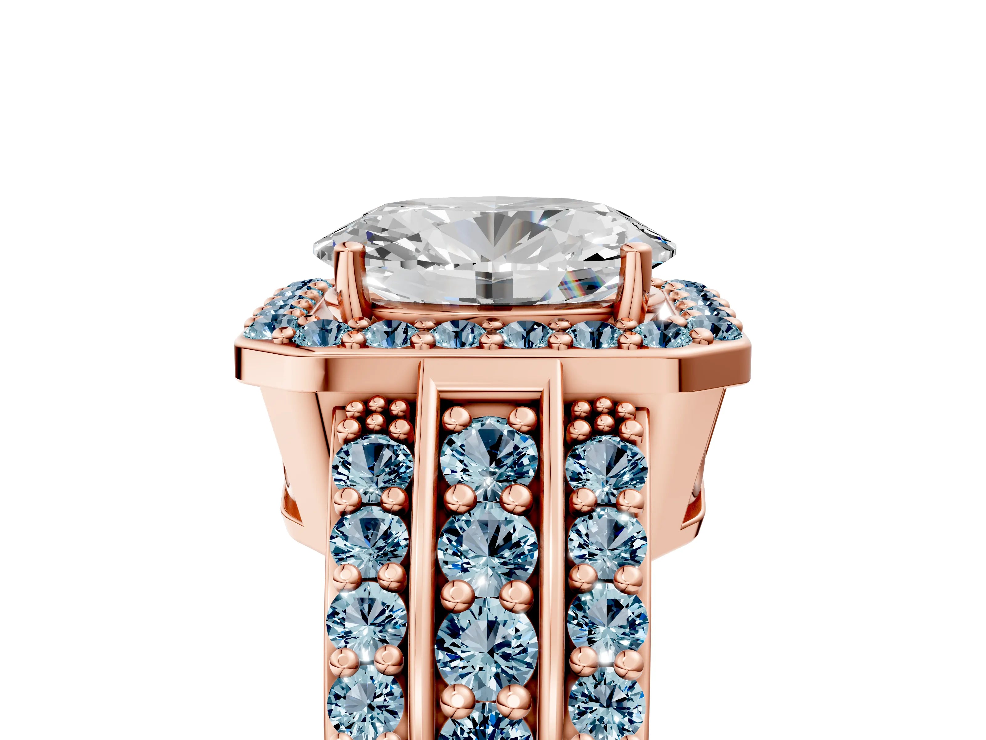 Rose gold Oval Cut Halo Diamond Ring with Round with Aquamarine side stone Split Shank and Prong Setting_5