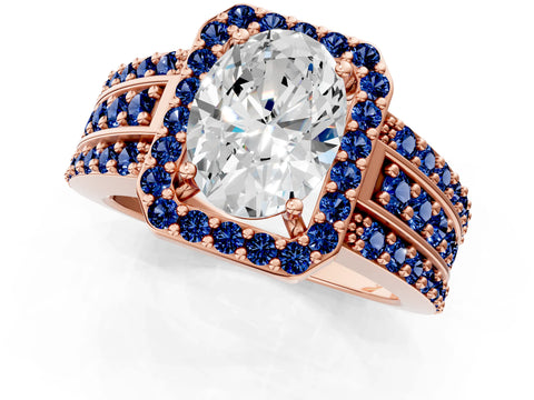 Rose gold Oval Cut Halo Diamond Ring with Round with Blue Sapphire side stone Split Shank and Prong Setting_1