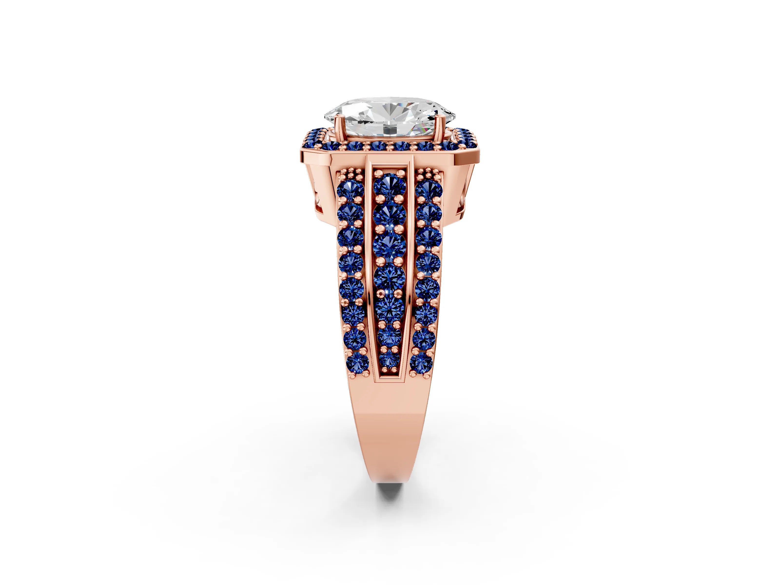 Rose gold Oval Cut Halo Diamond Ring with Round with Blue Sapphire side stone Split Shank and Prong Setting_2
