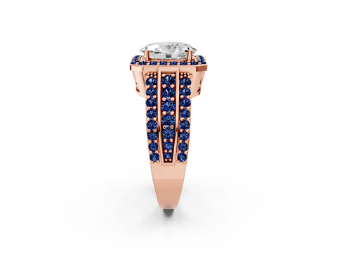 Rose gold Oval Cut Halo Diamond Ring with Round with Blue Sapphire side stone Split Shank and Prong Setting_2