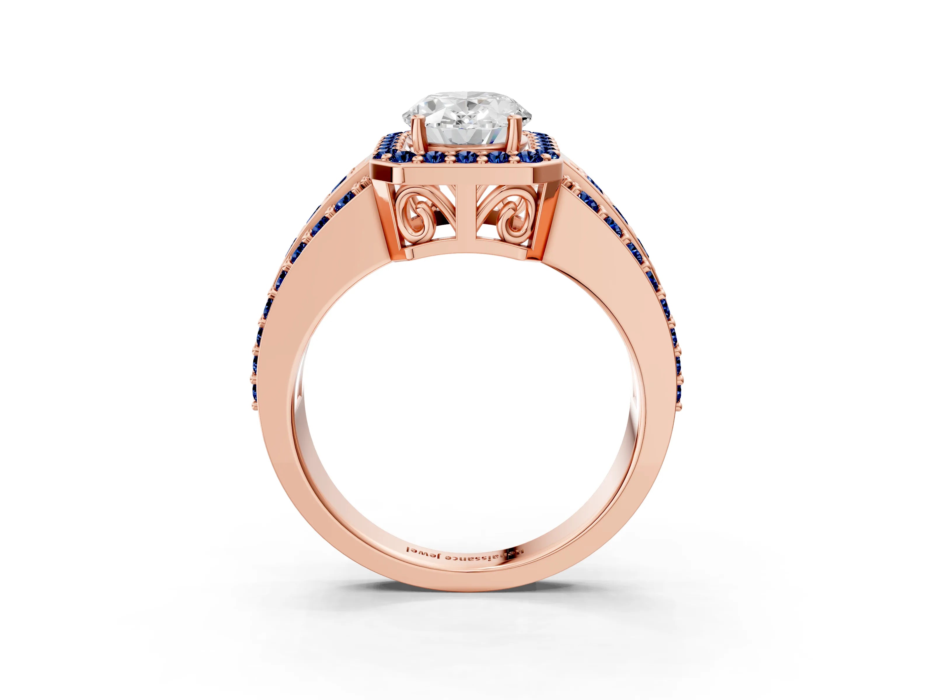 Rose gold Oval Cut Halo Diamond Ring with Round with Blue Sapphire side stone Split Shank and Prong Setting_3