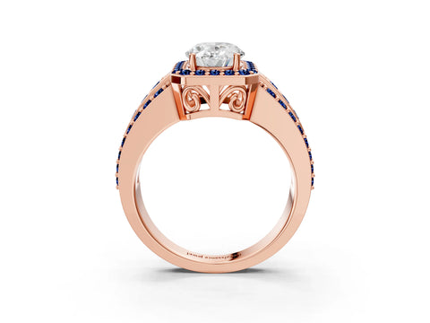 Rose gold Oval Cut Halo Diamond Ring with Round with Blue Sapphire side stone Split Shank and Prong Setting_3