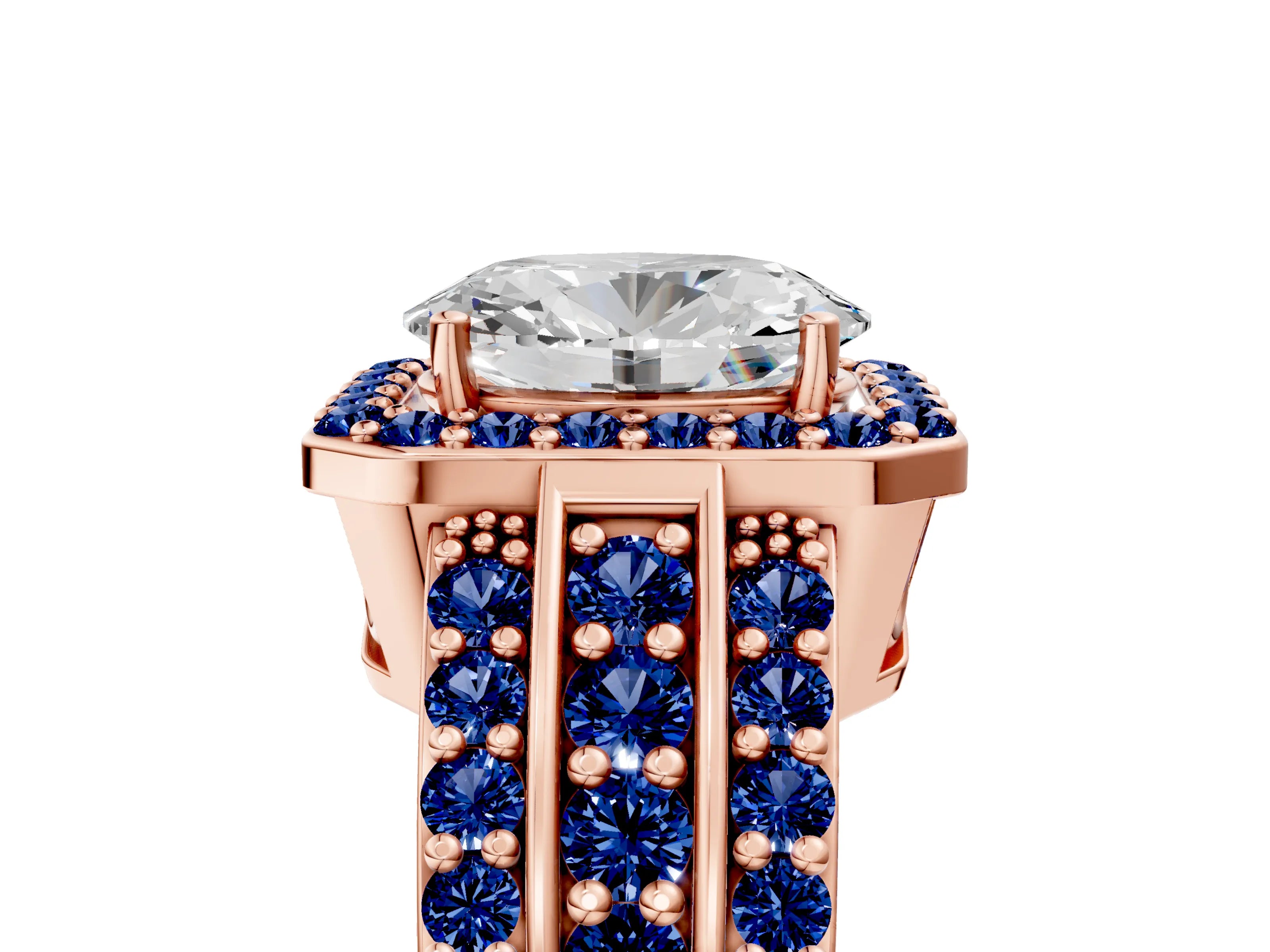 Rose gold Oval Cut Halo Diamond Ring with Round with Blue Sapphire side stone Split Shank and Prong Setting_5