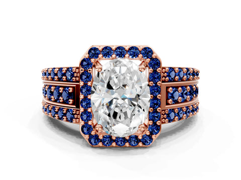 Rose gold Oval Cut Halo Diamond Ring with Round with Blue Sapphire side stone Split Shank and Prong Setting