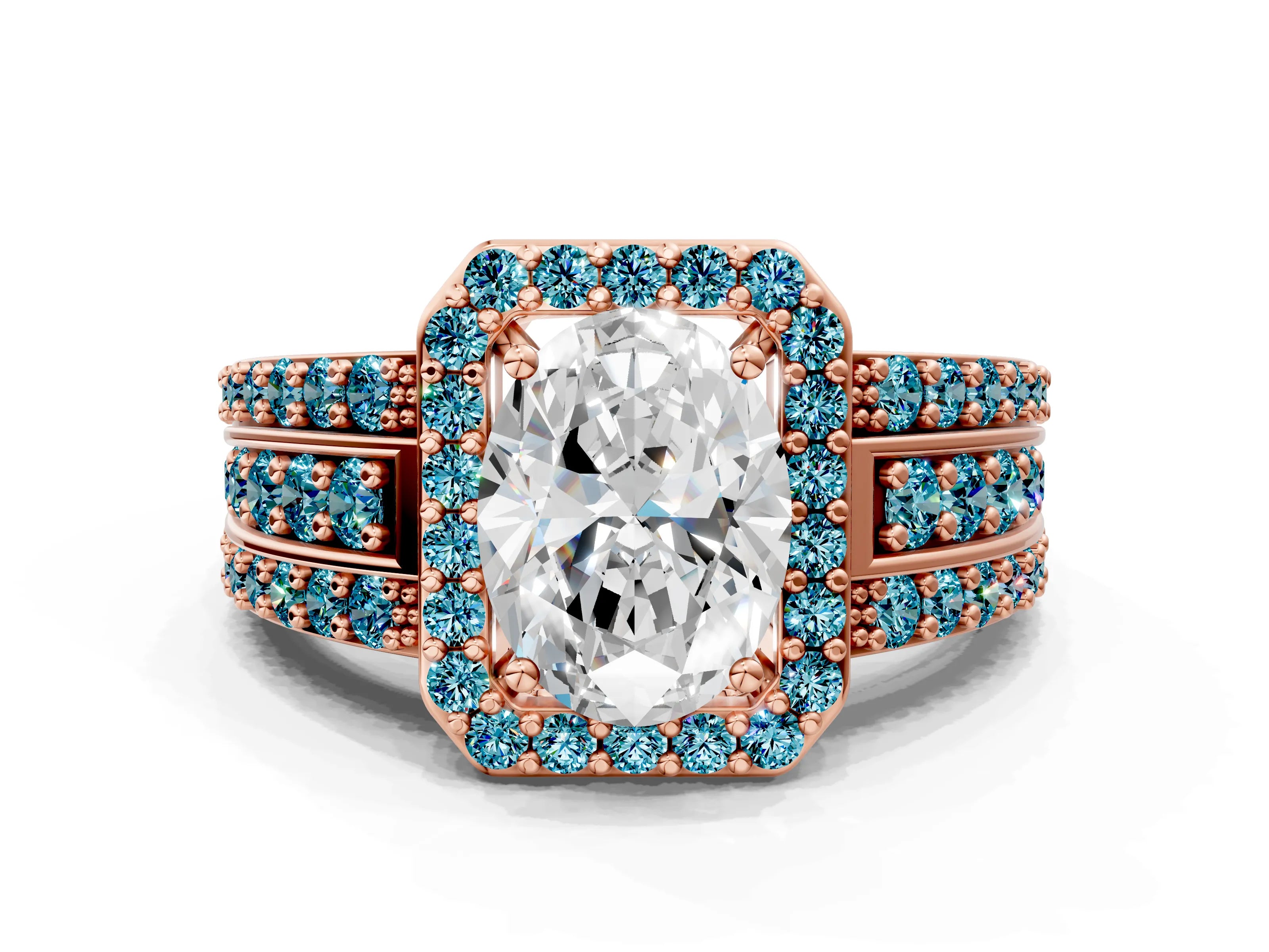 Rose gold Oval Cut Halo Diamond Ring with Round with Blue Topaz side stone Split Shank and Prong Setting